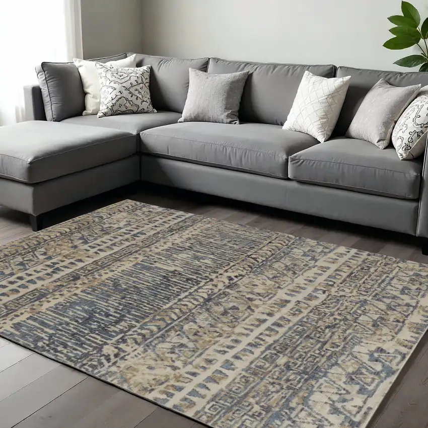 Tan Ivory And Blue Wool Geometric Hand Knotted Area Rug Photo 1