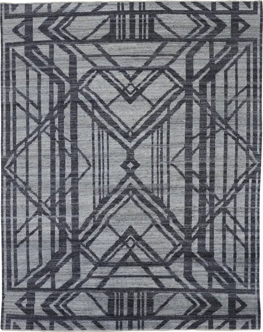 Gray and Blue Wool Geometric Hand Knotted Area Rug Photo 2