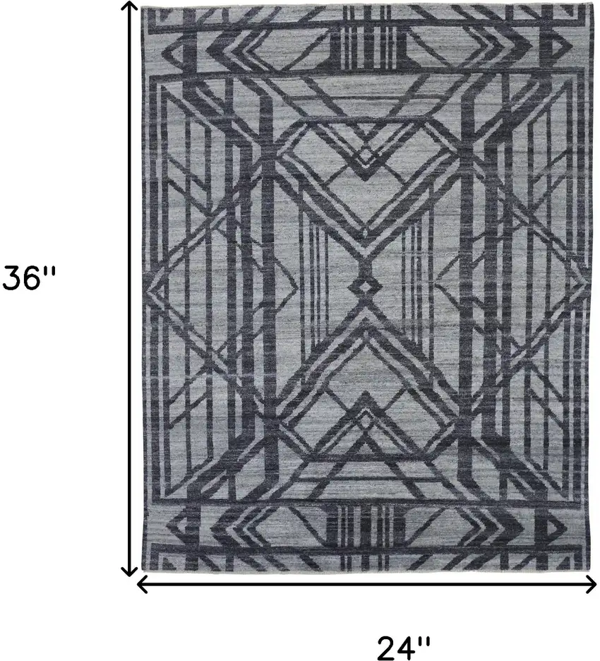Gray and Blue Wool Geometric Hand Knotted Area Rug Photo 3