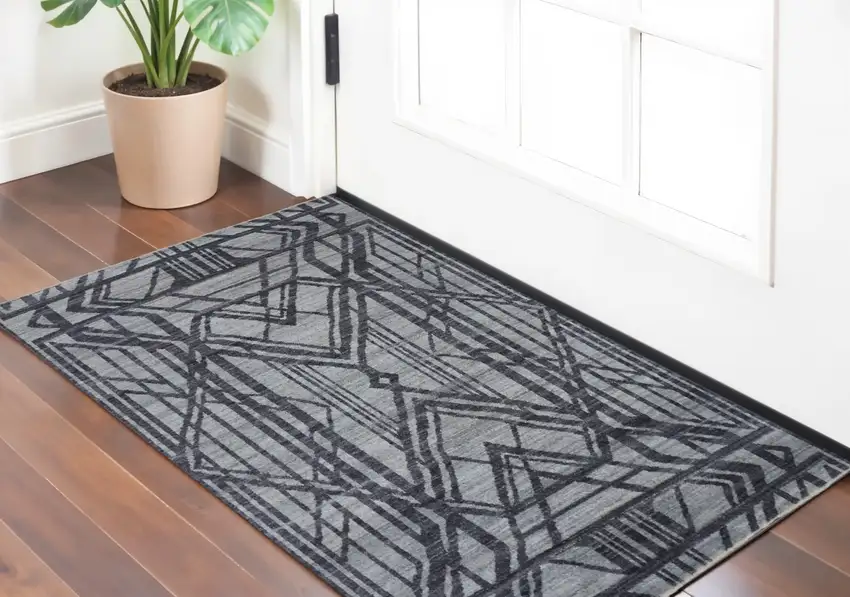 Gray and Blue Wool Geometric Hand Knotted Area Rug Photo 1