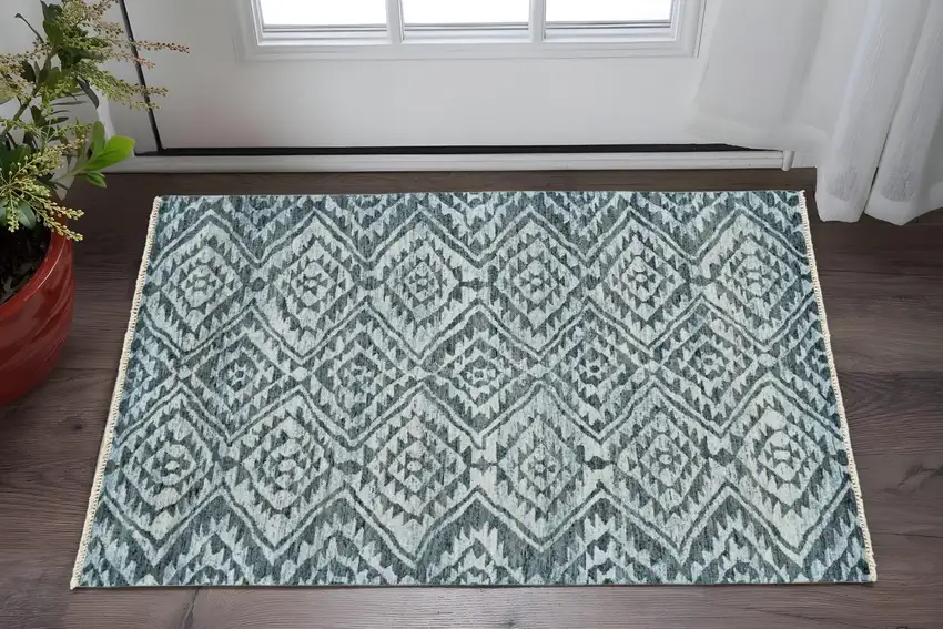 Gray and Blue Wool Southwestern Hand Knotted Area Rug Photo 1