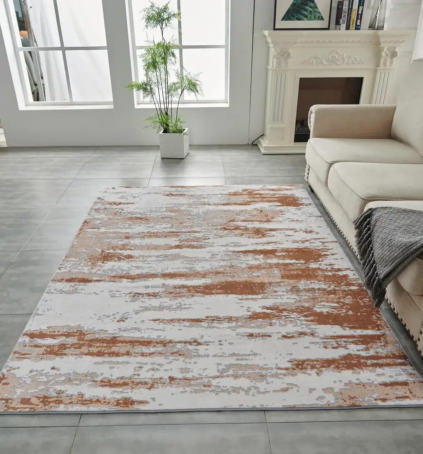 Gray and Brown Abstract Printed Washable Non Skid Area Rug Photo 9