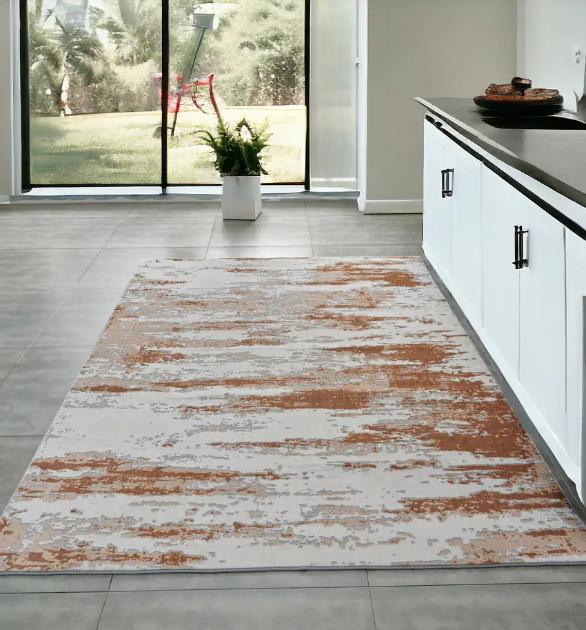 Gray and Brown Abstract Printed Washable Non Skid Area Rug Photo 2