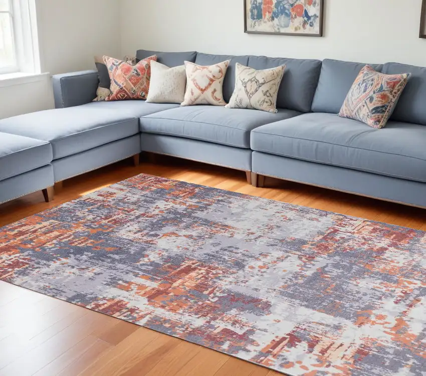Gray and Brown Abstract Shag Printed Washable Non Skid Area Rug Photo 1