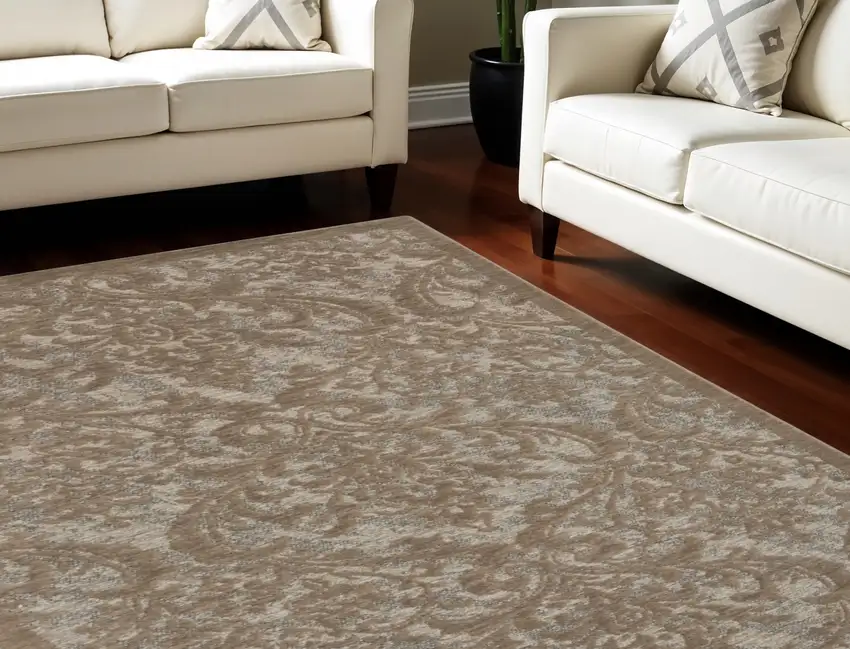 Gray and Brown Damask Distressed Area Rug Photo 1