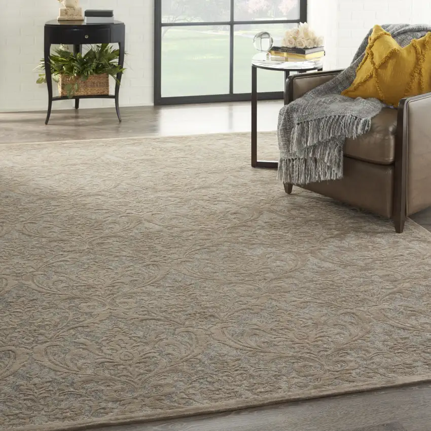Gray and Brown Damask Distressed Area Rug Photo 9