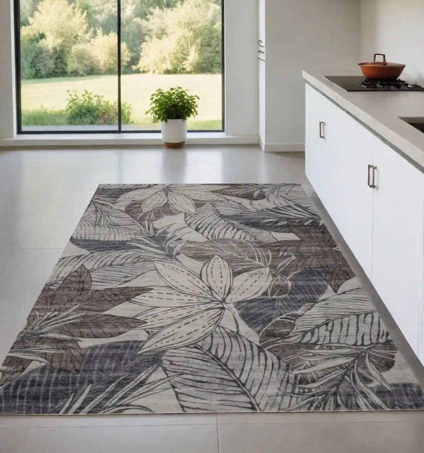 Gray and Brown Floral Distressed Area Rug Photo 1