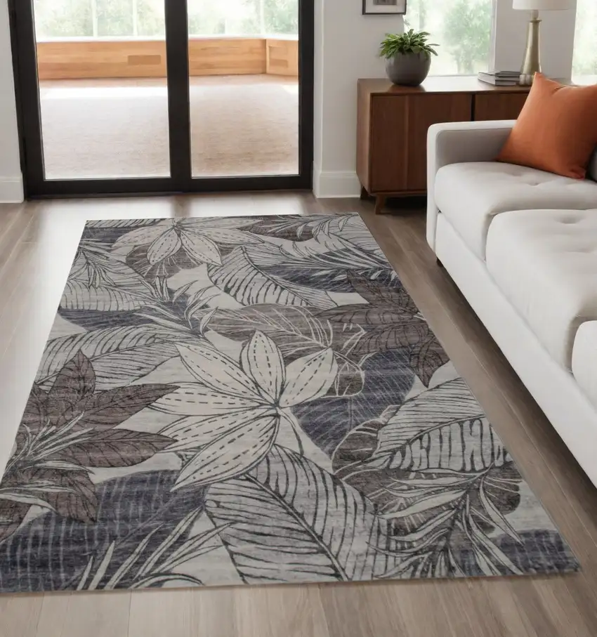 Gray and Brown Floral Distressed Area Rug Photo 1