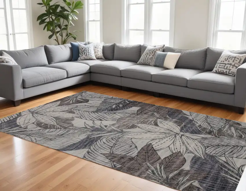 Gray and Brown Floral Distressed Area Rug Photo 1
