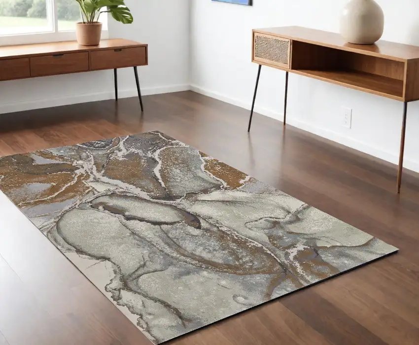 Gray and Brown Marble Power Loom Area Rug Photo 1