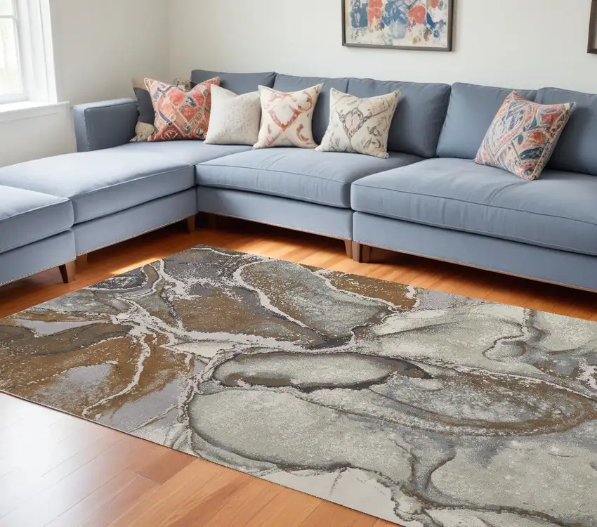 Gray and Brown Marble Power Loom Area Rug Photo 1