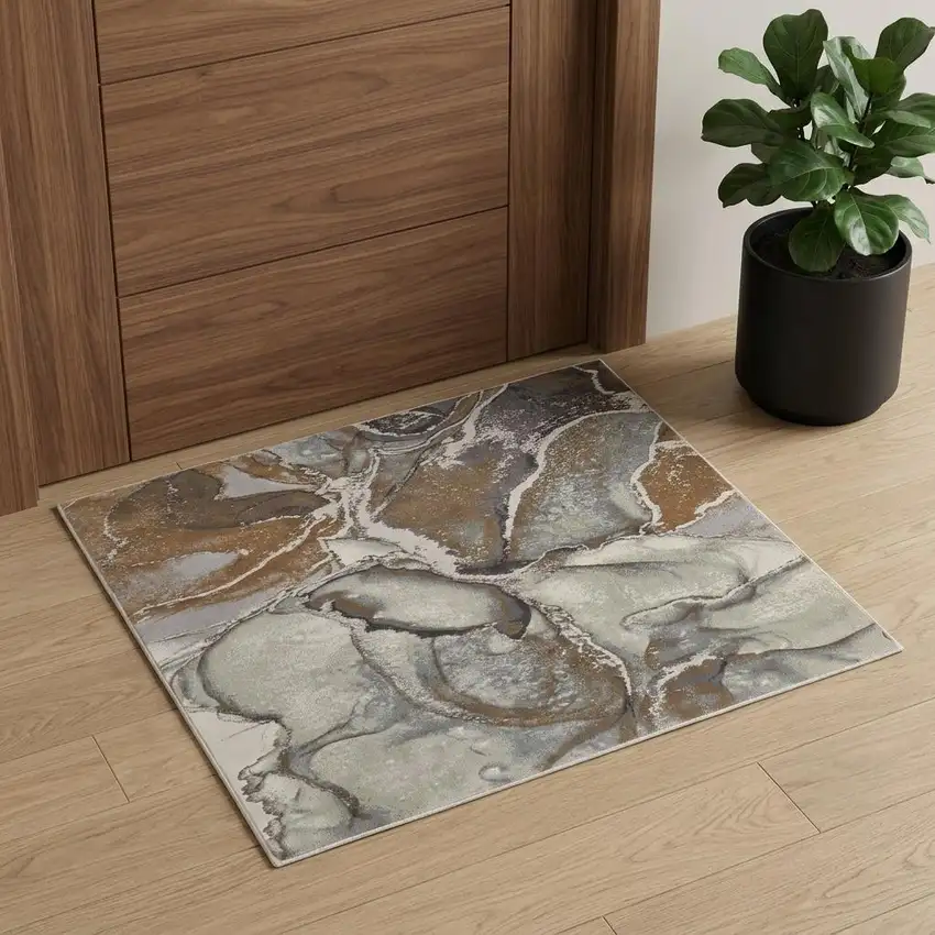 Gray and Brown Marble Power Loom Area Rug Photo 1