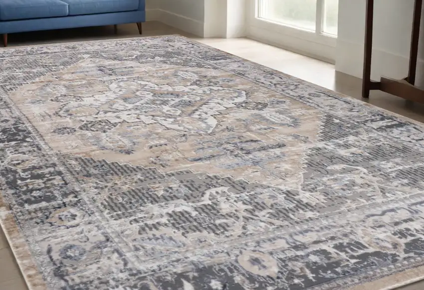 Gray and Brown Oriental Distressed Area Rug Photo 1