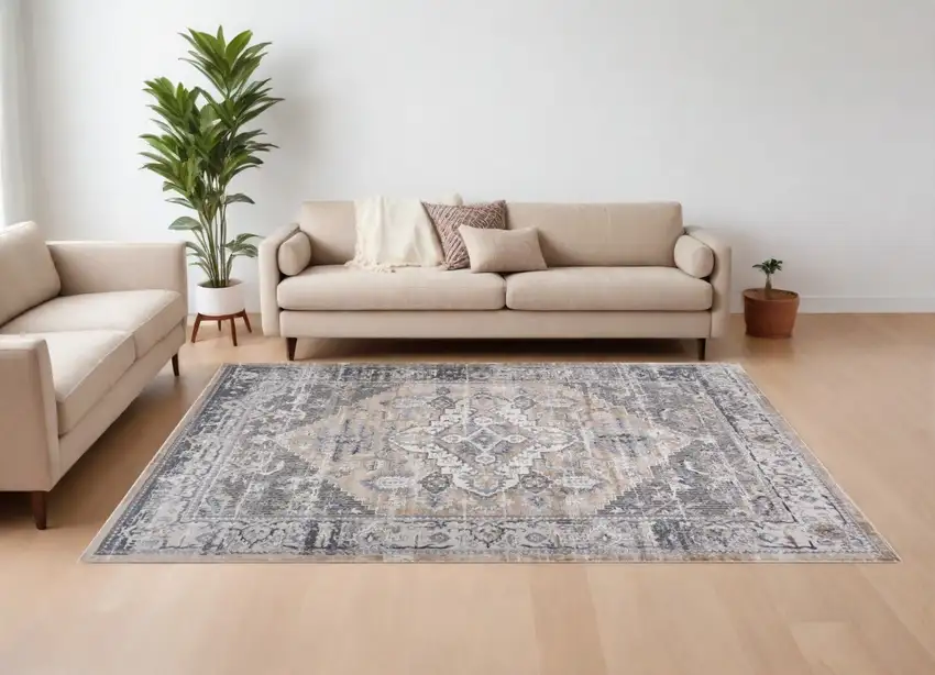 Gray and Brown Oriental Distressed Area Rug Photo 1