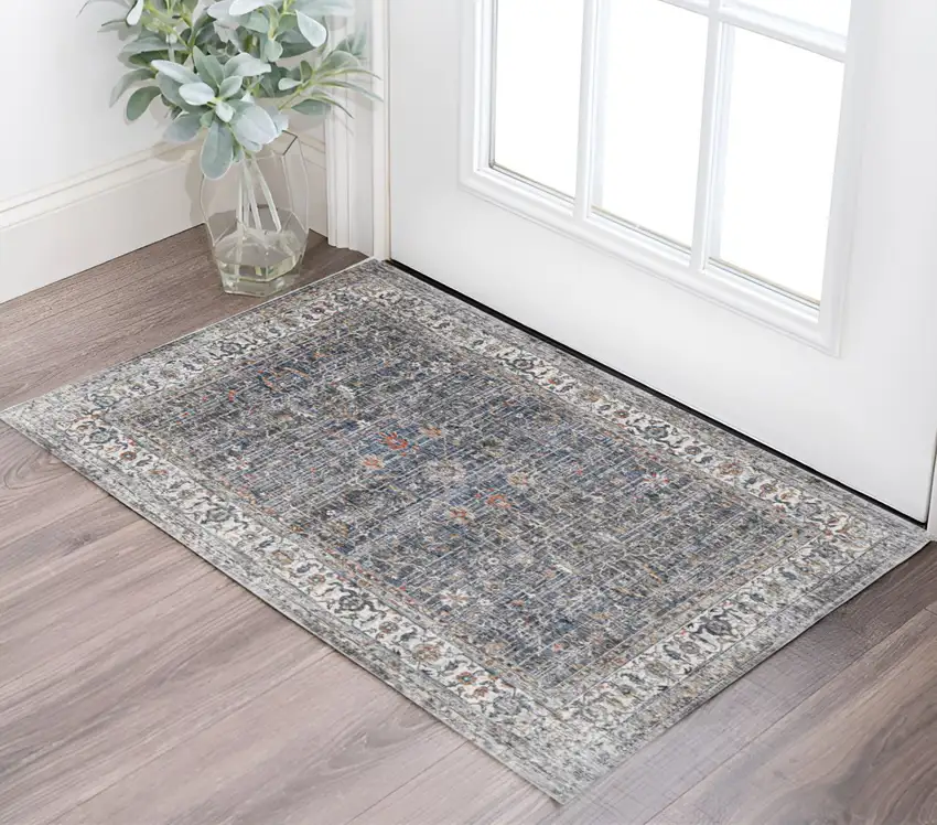 Ivory Charcoal and Orange Oriental Power Loom Area Rug Photo 1