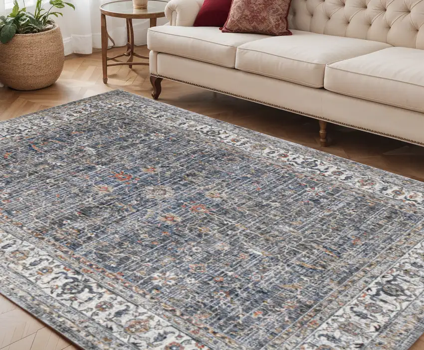 Ivory Charcoal and Orange Oriental Power Loom Area Rug Photo 1
