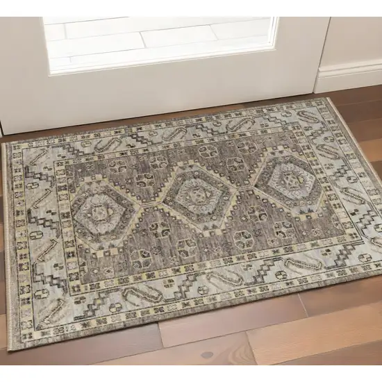 Ivory Gray And Brown Wool Geometric Hand Knotted Area Rug With Fringe Photo 1