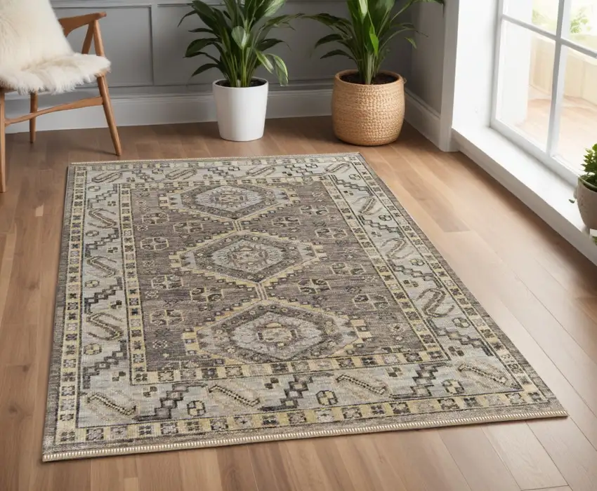 Gray and Brown Wool Geometric Hand Knotted Area Rug With Fringe Photo 1