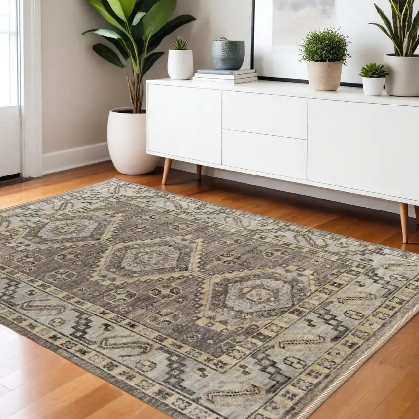 Ivory Gray And Brown Wool Geometric Hand Knotted Area Rug With Fringe Photo 1