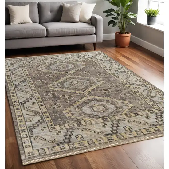 Ivory Gray And Brown Wool Geometric Hand Knotted Area Rug With Fringe Photo 1