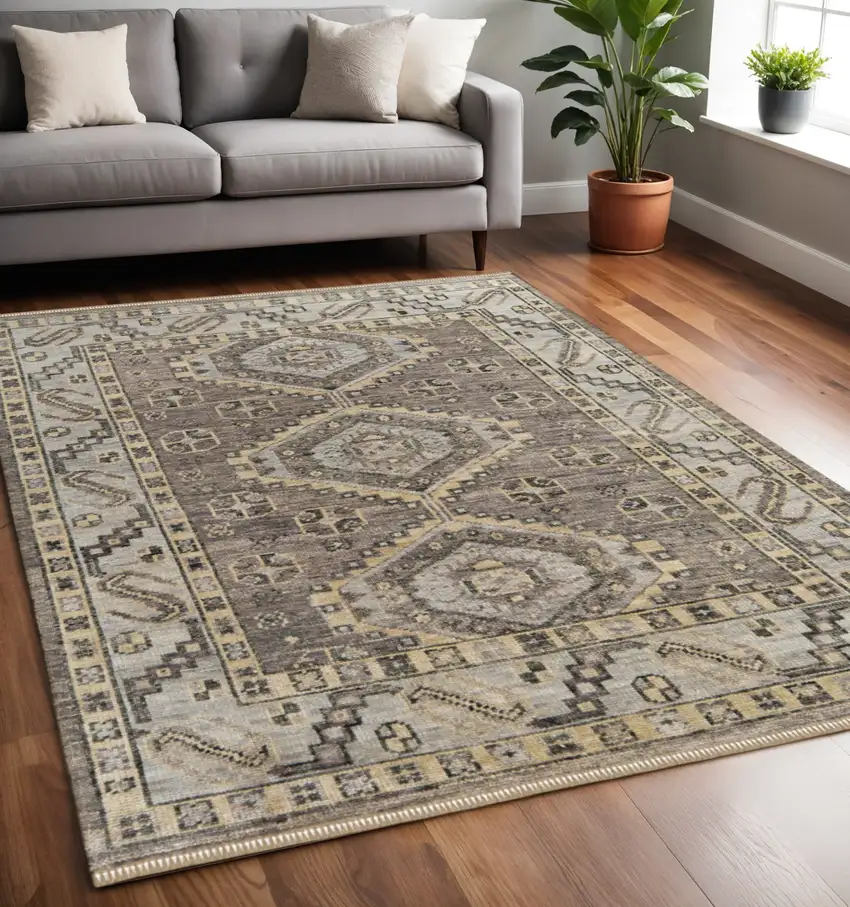 Ivory Gray And Brown Wool Geometric Hand Knotted Area Rug With Fringe Photo 1