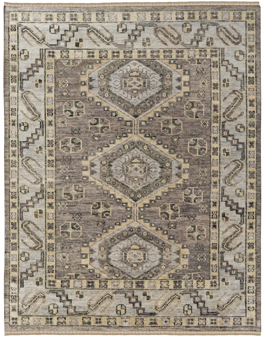 Gray and Brown Wool Geometric Hand Knotted Area Rug With Fringe Photo 5