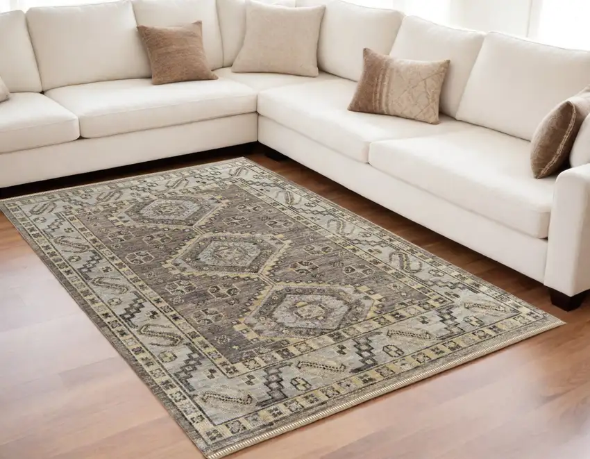 Gray and Brown Wool Geometric Hand Knotted Area Rug With Fringe Photo 1