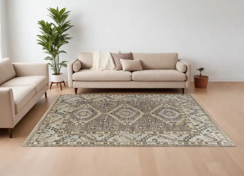 Gray and Brown Wool Geometric Hand Knotted Area Rug With Fringe Photo 1