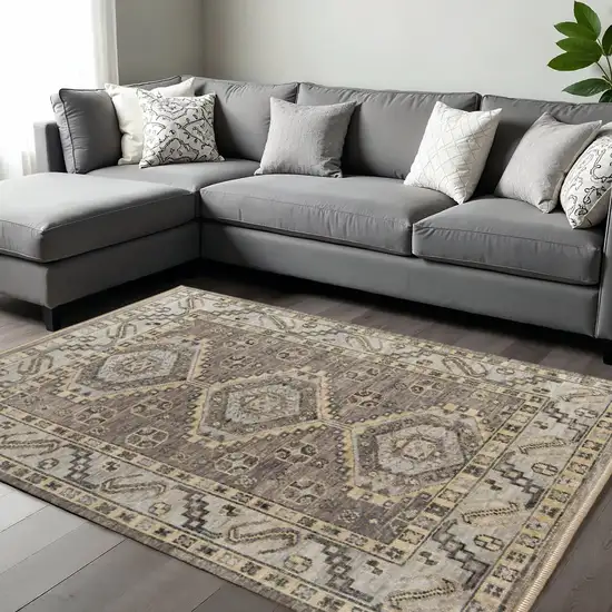 Ivory Gray And Brown Wool Geometric Hand Knotted Area Rug With Fringe Photo 1