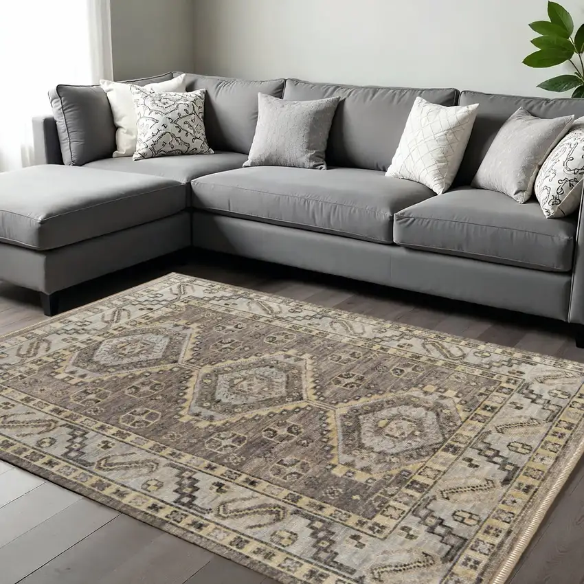 Ivory Gray And Brown Wool Geometric Hand Knotted Area Rug With Fringe Photo 1