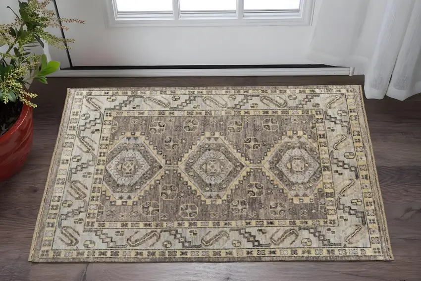 Gray and Brown Wool Geometric Hand Knotted Area Rug With Fringe Photo 1
