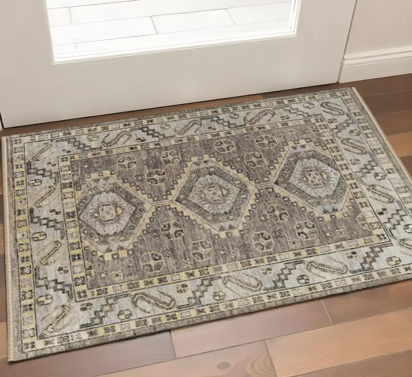 Ivory Gray And Brown Wool Geometric Hand Knotted Area Rug With Fringe Photo 1