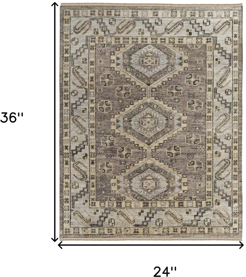 Gray and Brown Wool Geometric Hand Knotted Area Rug With Fringe Photo 3
