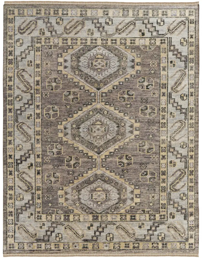Gray and Brown Wool Geometric Hand Knotted Area Rug With Fringe Photo 2