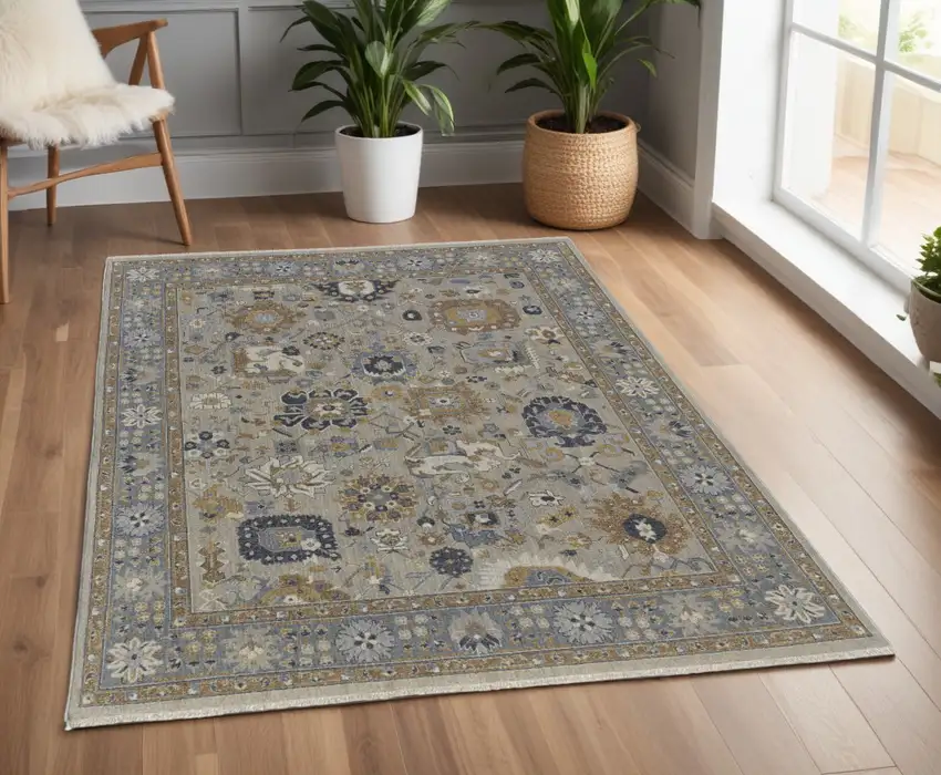 Gray and Brown Wool Oriental Hand Knotted Area Rug With Fringe Photo 1