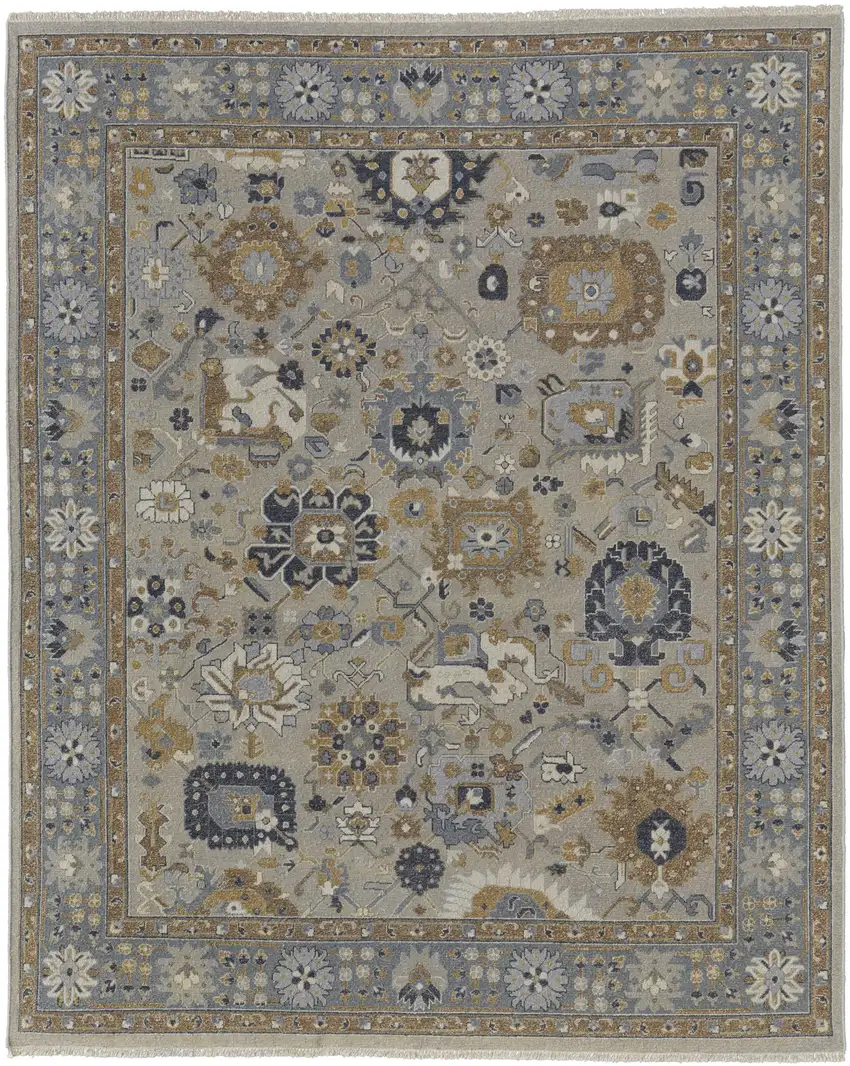 Gray and Brown Wool Oriental Hand Knotted Area Rug With Fringe Photo 2