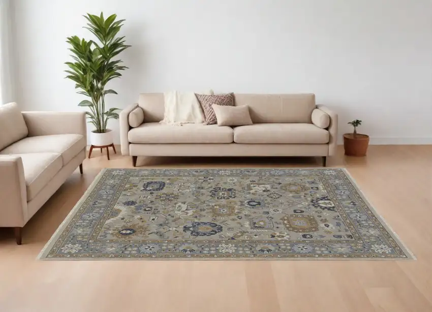 Gray and Brown Wool Oriental Hand Knotted Area Rug With Fringe Photo 1
