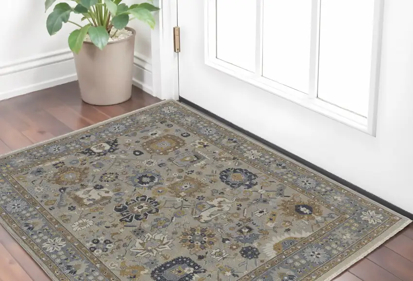 Gray and Brown Wool Oriental Hand Knotted Area Rug With Fringe Photo 1