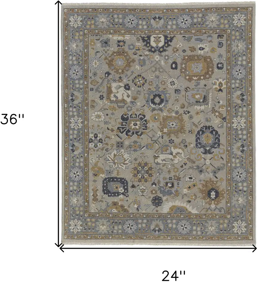 Gray and Brown Wool Oriental Hand Knotted Area Rug With Fringe Photo 3