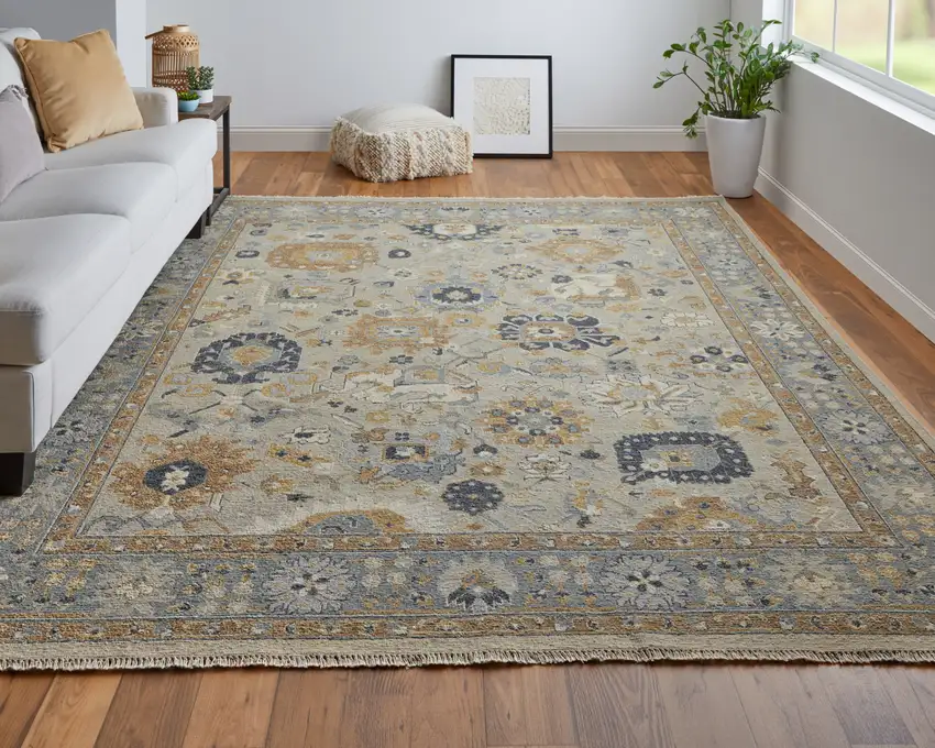 Gray and Brown Wool Oriental Hand Knotted Area Rug With Fringe Photo 9