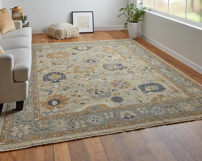 Gray and Brown Wool Oriental Hand Knotted Area Rug With Fringe Photo 9