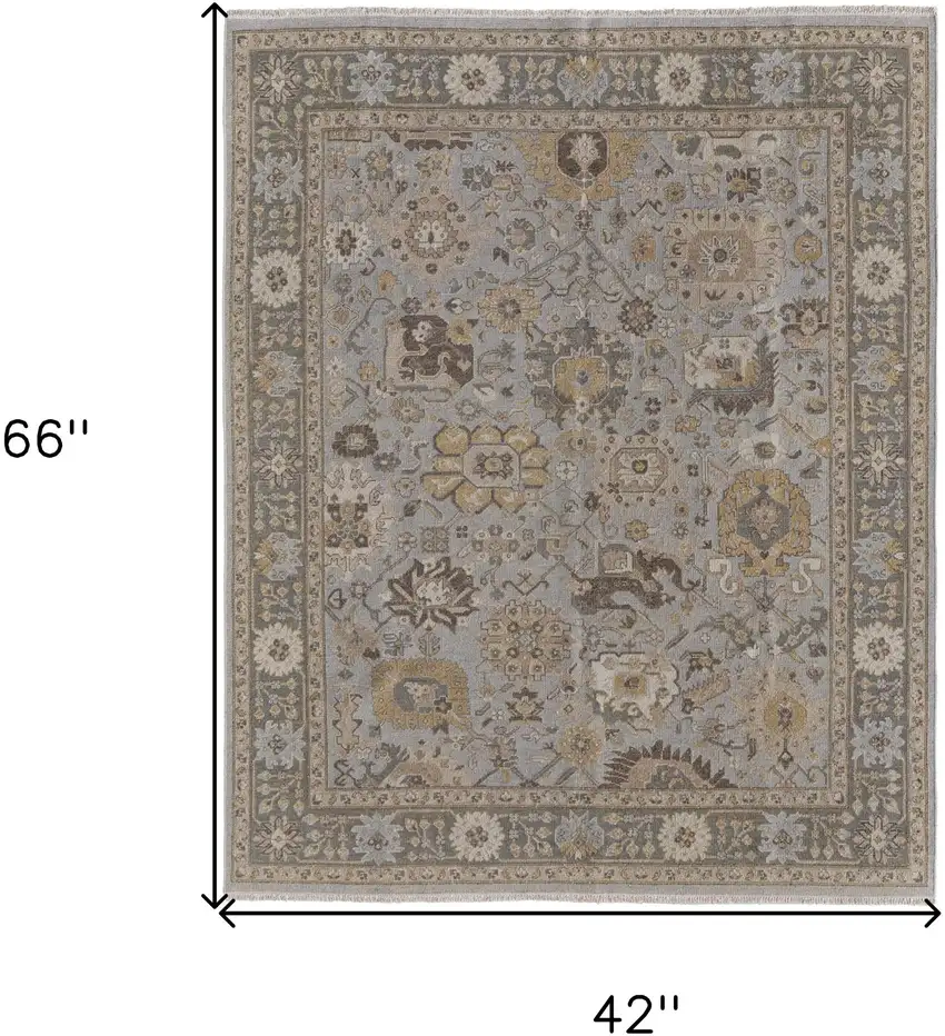 Gray and Brown Wool Oriental Hand Knotted Area Rug With Fringe Photo 3