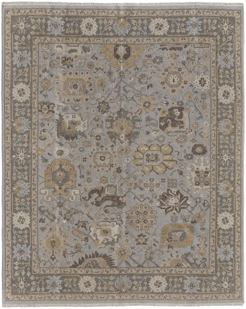 Gray and Brown Wool Oriental Hand Knotted Area Rug With Fringe Photo 5