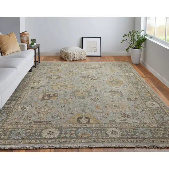 Gray and Brown Wool Oriental Hand Knotted Area Rug With Fringe Photo 9