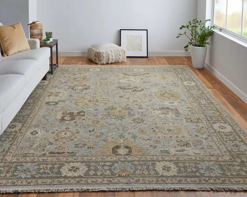 Gray and Brown Wool Oriental Hand Knotted Area Rug With Fringe Photo 9