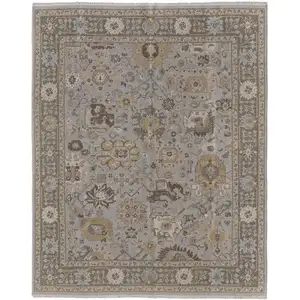 Photo of Gray and Brown Wool Oriental Hand Knotted Area Rug With Fringe