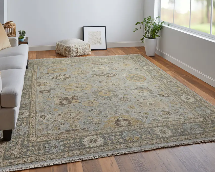 Gray and Brown Wool Oriental Hand Knotted Area Rug With Fringe Photo 9