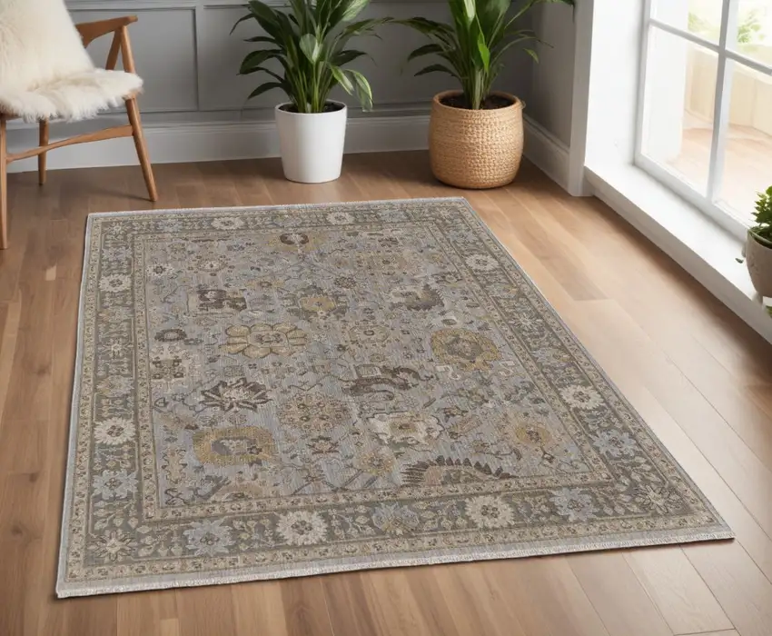 Gray and Brown Wool Oriental Hand Knotted Area Rug With Fringe Photo 1