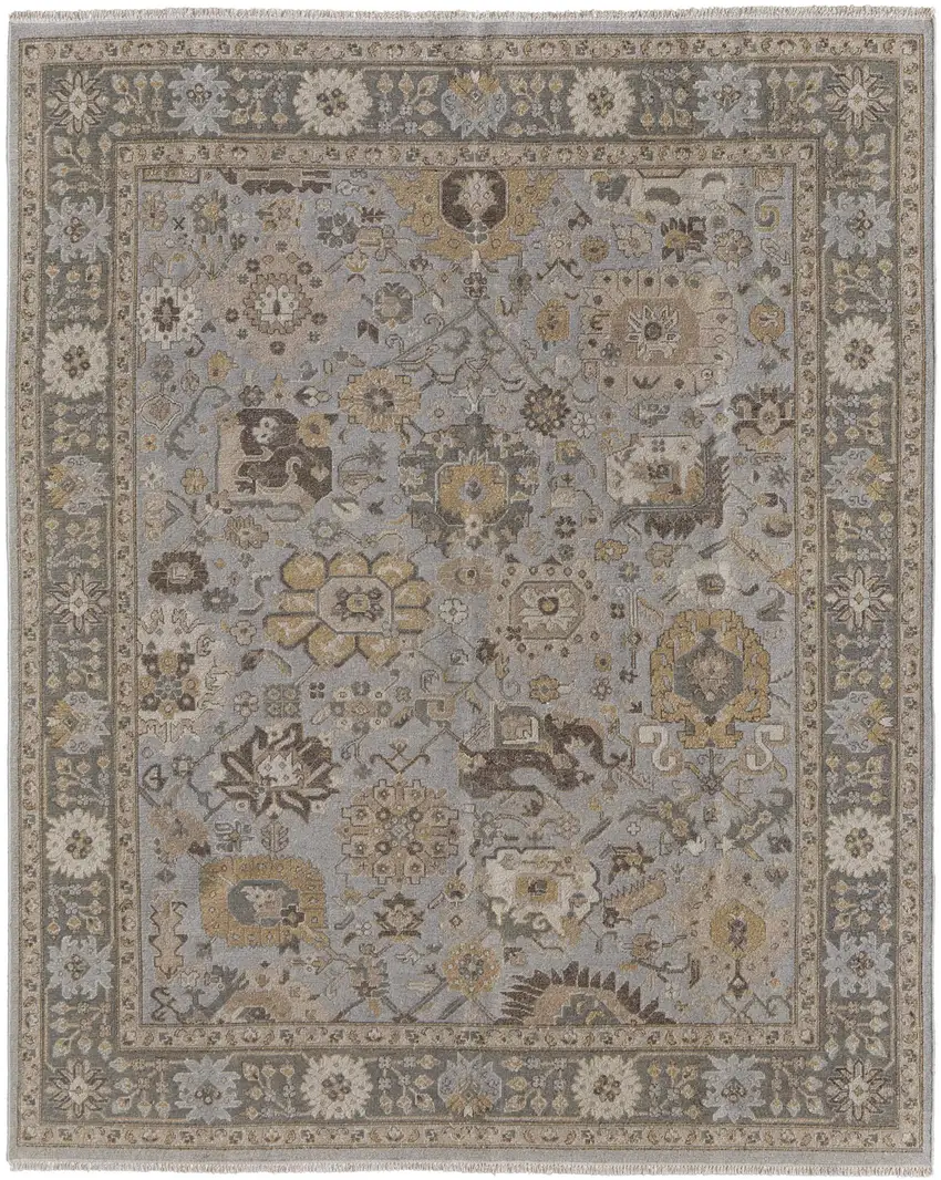 Gray and Brown Wool Oriental Hand Knotted Area Rug With Fringe Photo 4