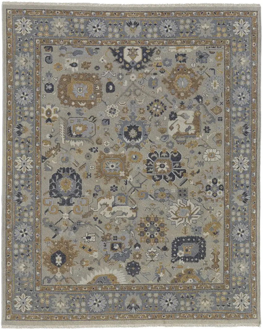 Gray and Brown Wool Oriental Hand Knotted Area Rug With Fringe Photo 6
